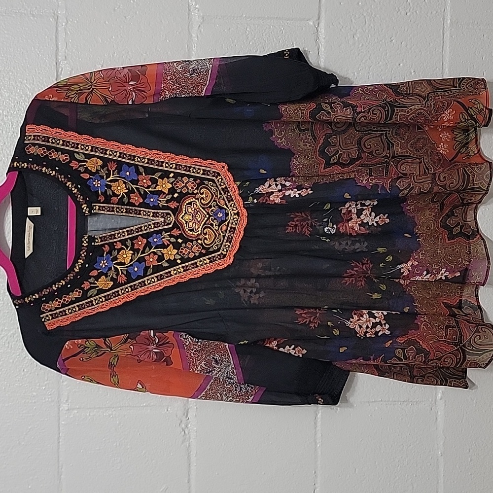 Soft Surroundings Boho Embroidered Tunic Top | Black Multicolor | L